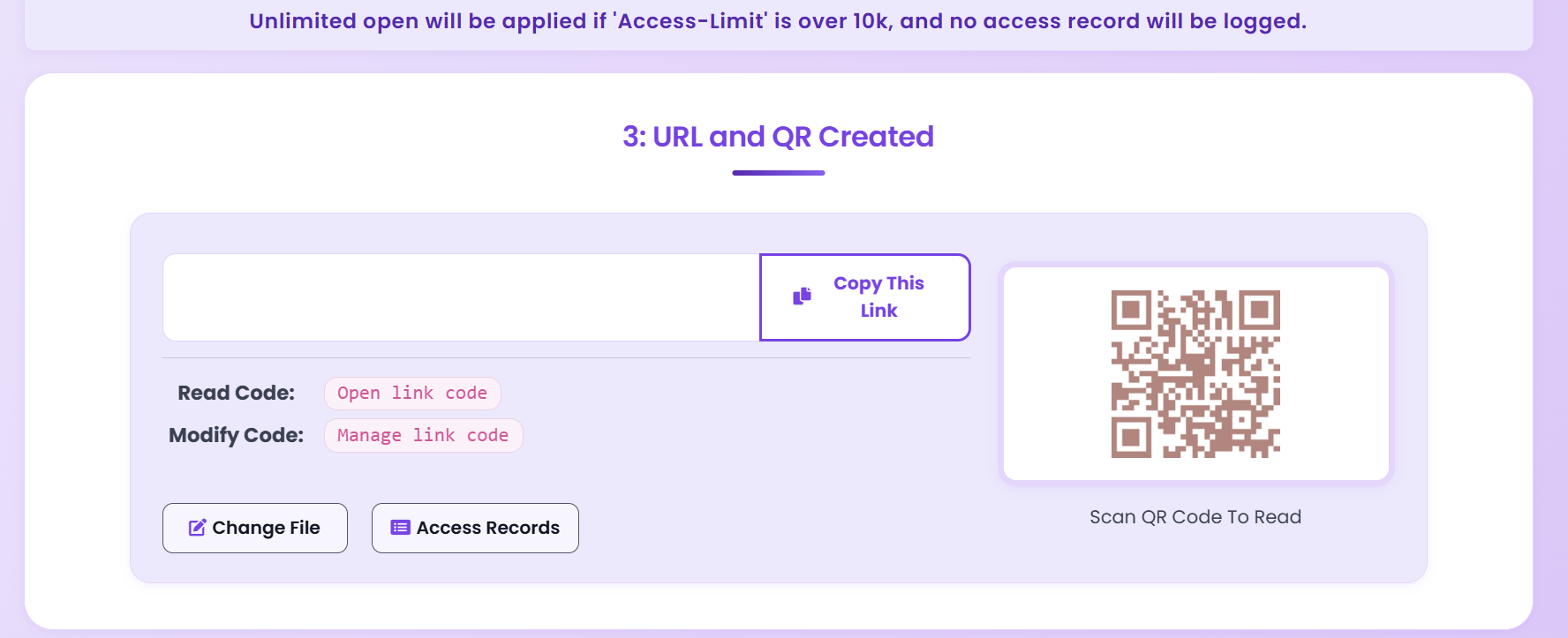 MaiPDF result page with both link and QR code output