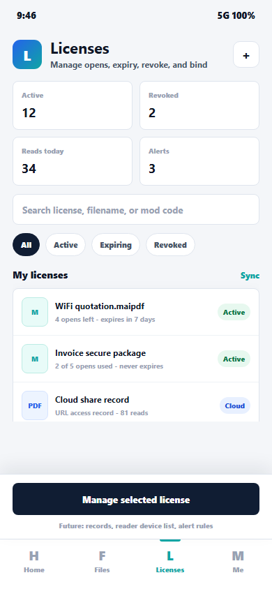 MaiPDF license manager listing active and revoked .maipdf licenses with opens used, expiry, and revoke and device-bind controls