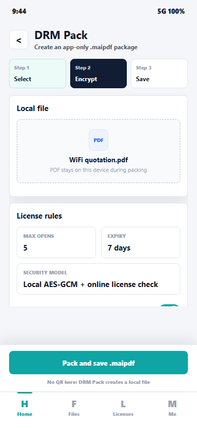 MaiPDF app DRM Pack screen encrypting a PDF into a protected .maipdf package with max opens, expiry, and AES-GCM security model