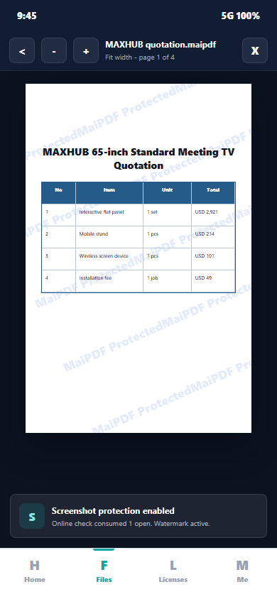 MaiPDF protected viewer showing anti-screenshot protection enabled and a dynamic watermark tiled across every page