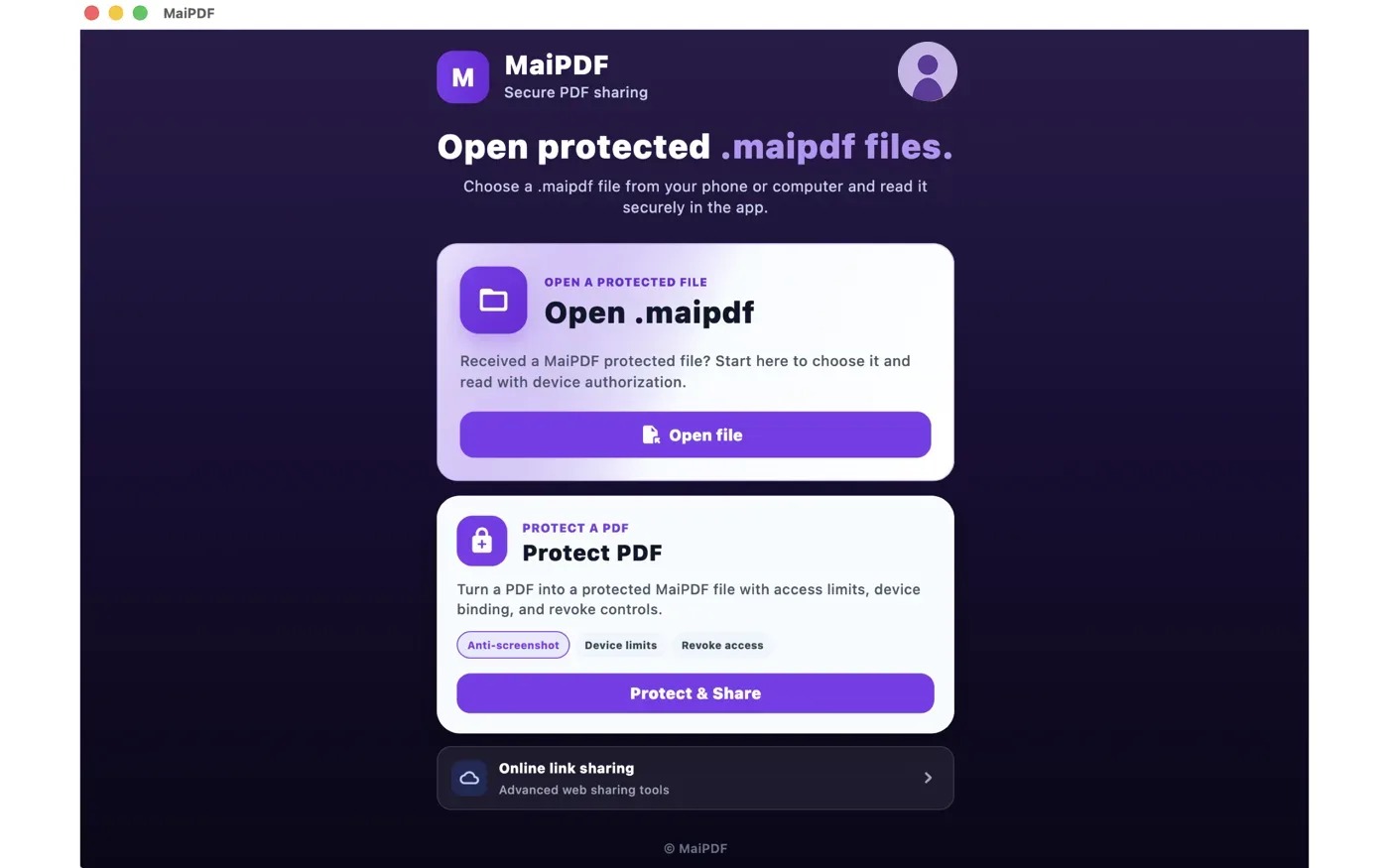 MaiPDF app home screen with Open .maipdf and Protect PDF