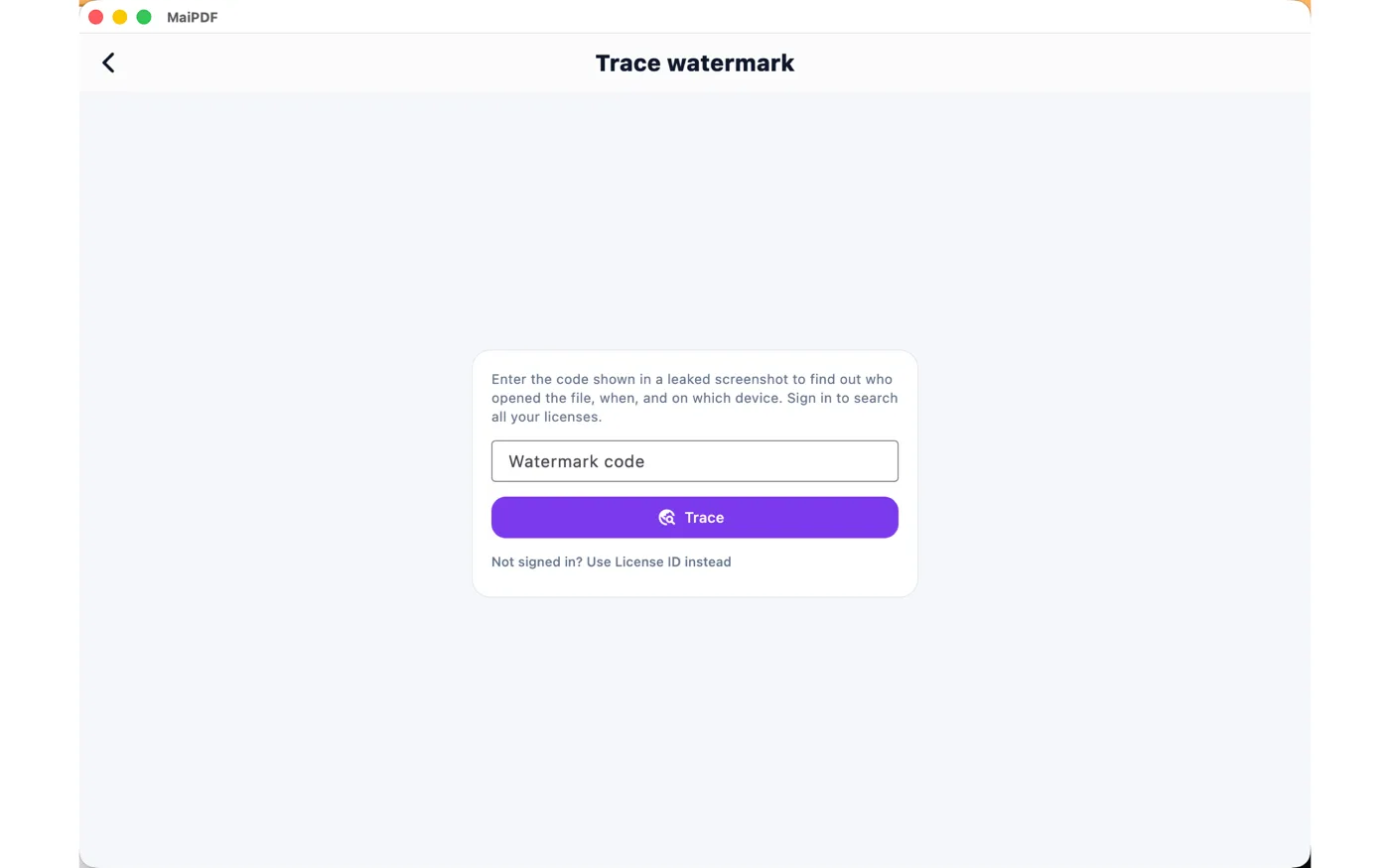 MaiPDF Trace watermark screen where a code from a leaked screenshot is entered