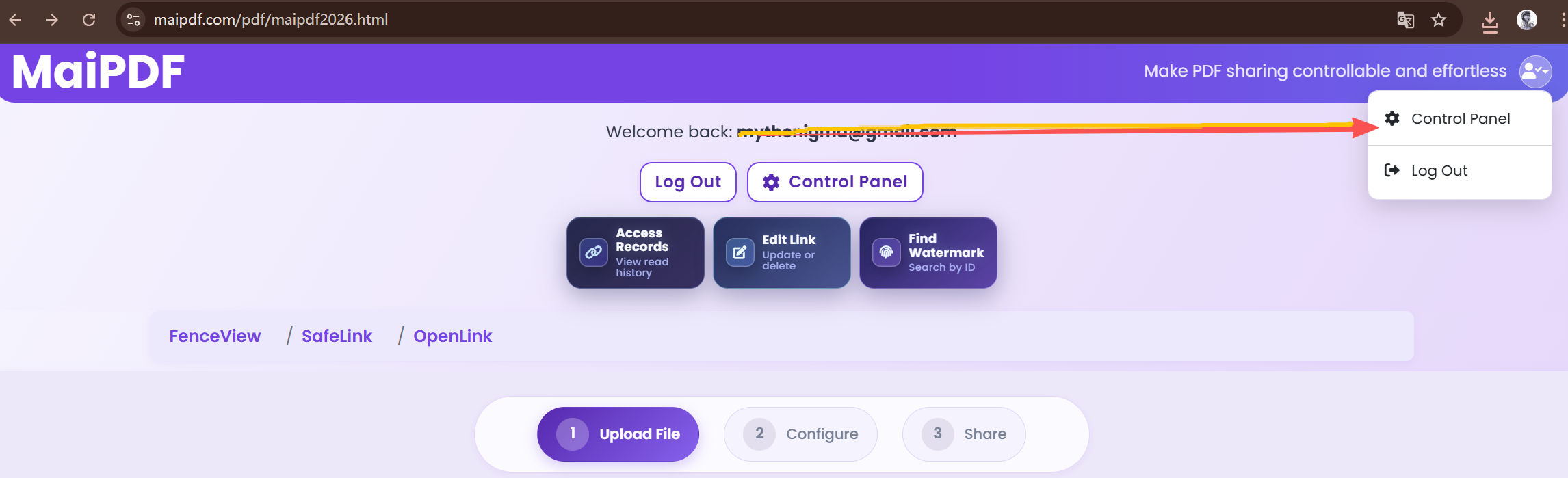 MaiPDF Control Center — manage your share with the reading code