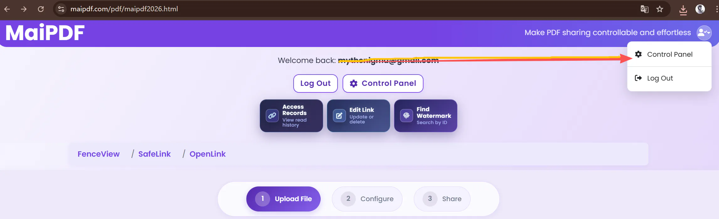 MaiPDF Control Center used to manage an existing hosted PDF share