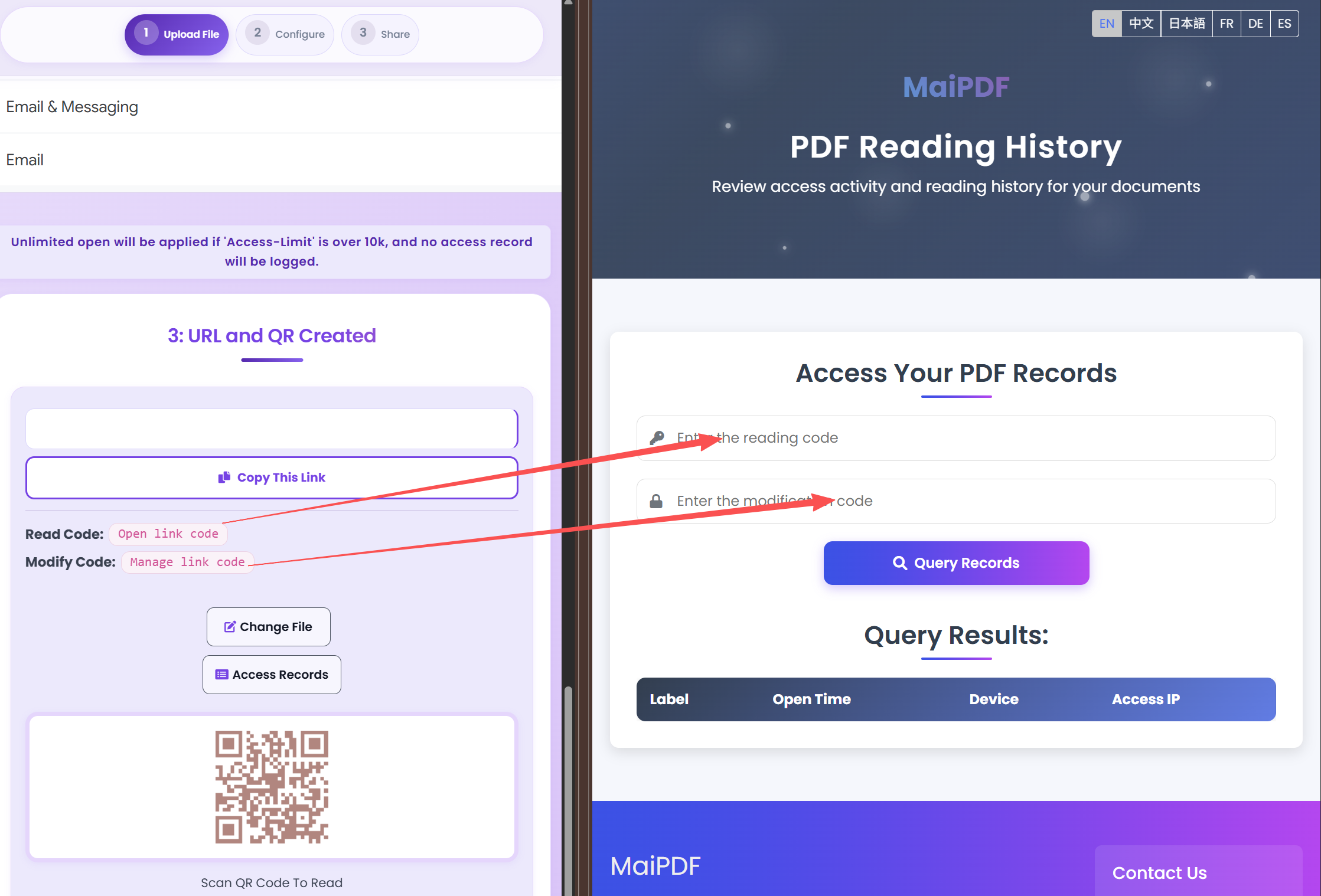 MaiPDF access record — enter the reading code to inspect