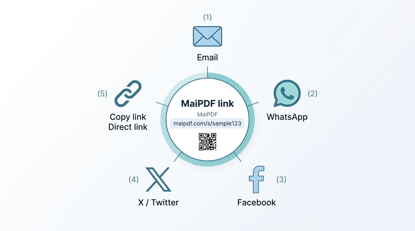 MaiPDF PDF link shared across email, chat, QR code, and website embed