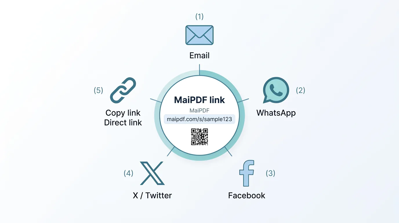 MaiPDF PDF link shared across email, chat, QR code, and website embed