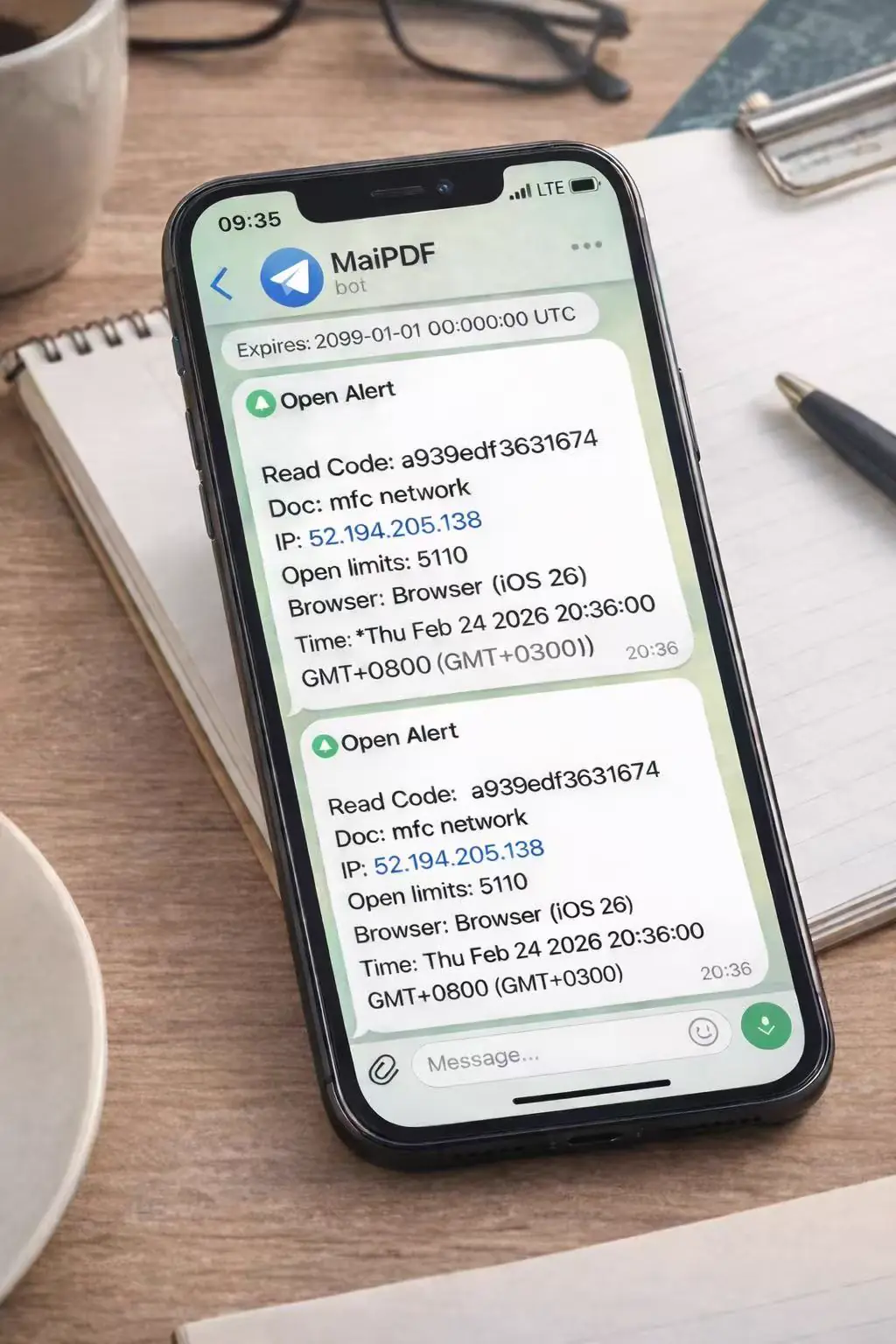Telegram PDF open alert on mobile phone