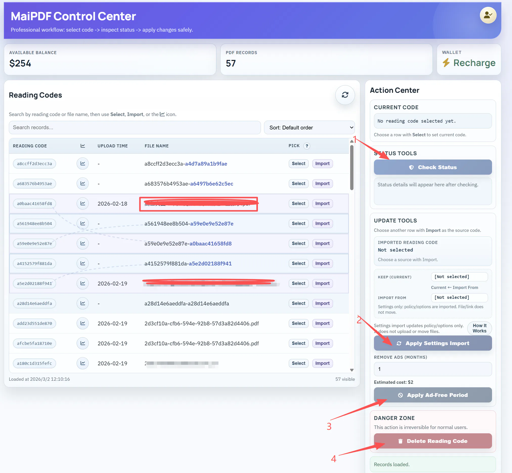 MaiPDF Control Center for managing PDF shares